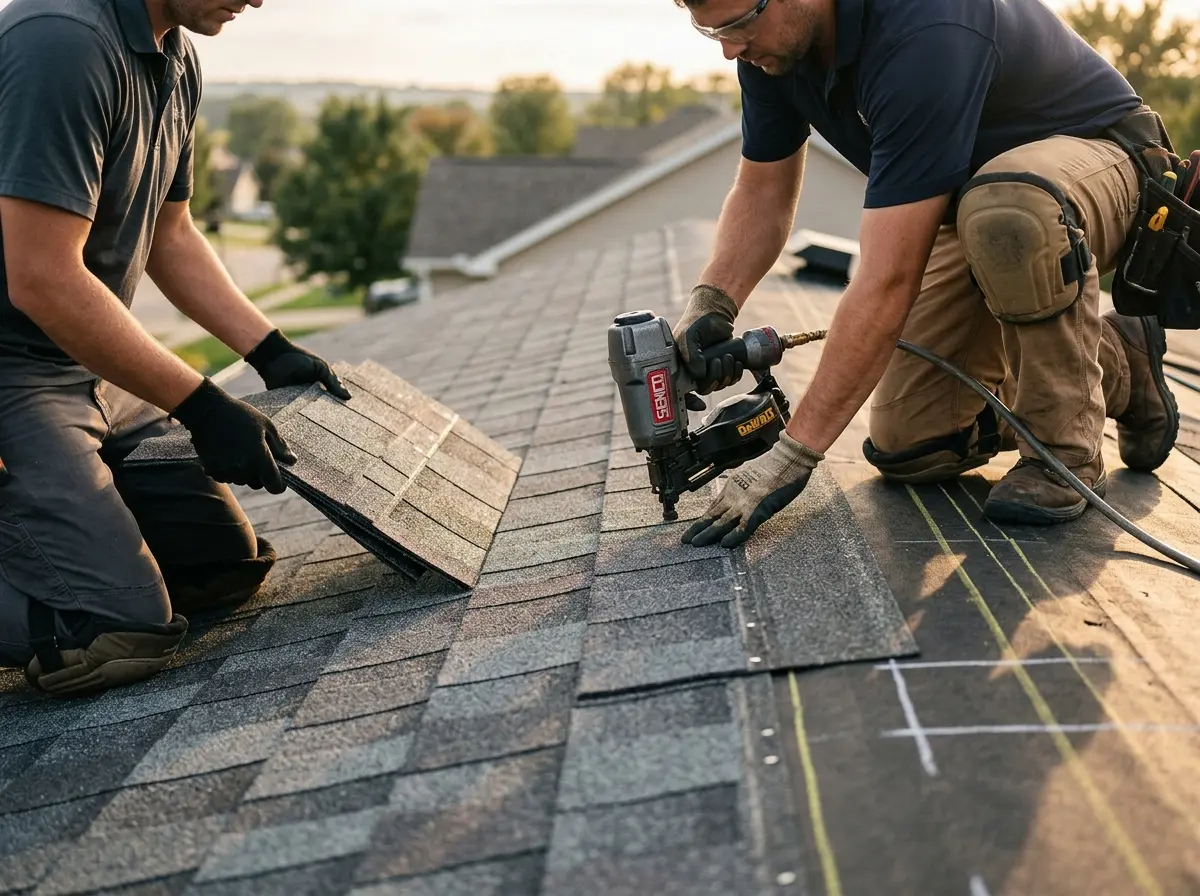 Professional roofer working on a residential roof in Artesia